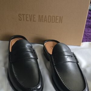Steve Madden Black Leather Penny Loafer Slip-On Mules